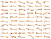 Multiple images set of female caucasian hand gestures isolated over white background