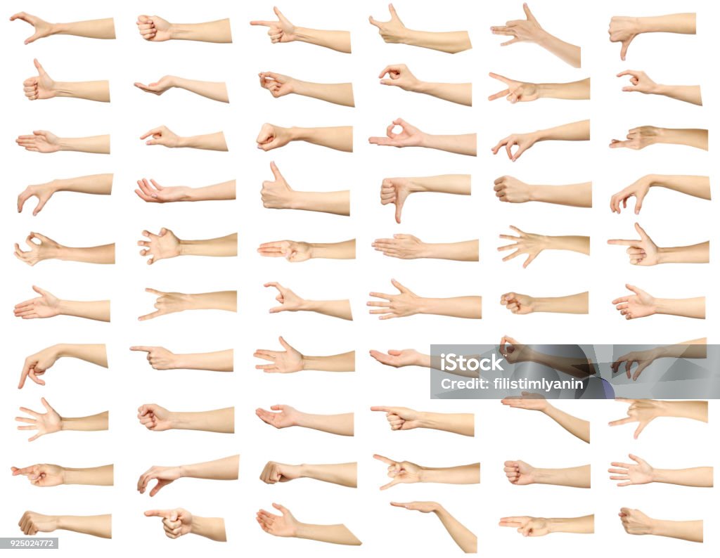 Multiple images set of female caucasian hand gestures isolated over white background Hand Stock Photo