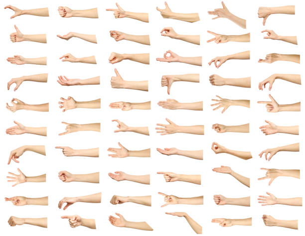 Multiple images set of female caucasian hand gestures isolated over white background Multiple images set of female caucasian hand gestures isolated over white background pinching stock pictures, royalty-free photos & images