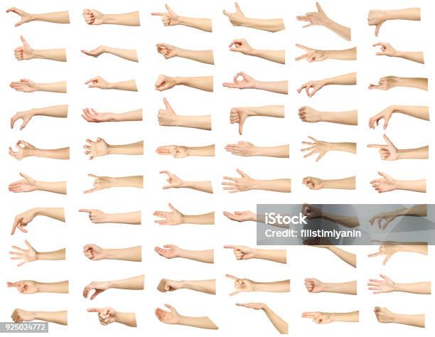 Multiple Images Set Of Female Caucasian Hand Gestures Isolated Over White Background Stock Photo - Download Image Now