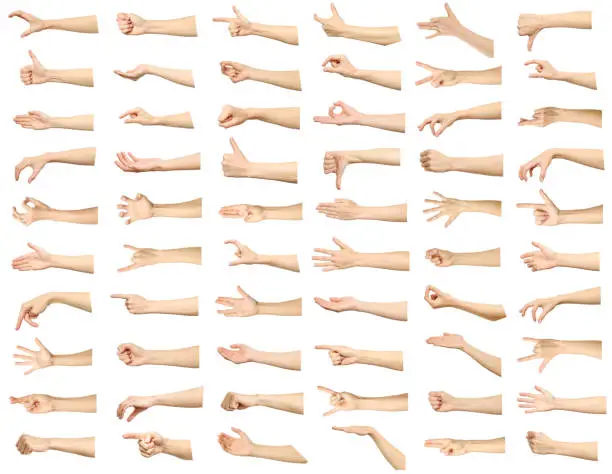 Photo of Multiple images set of female caucasian hand gestures isolated over white background