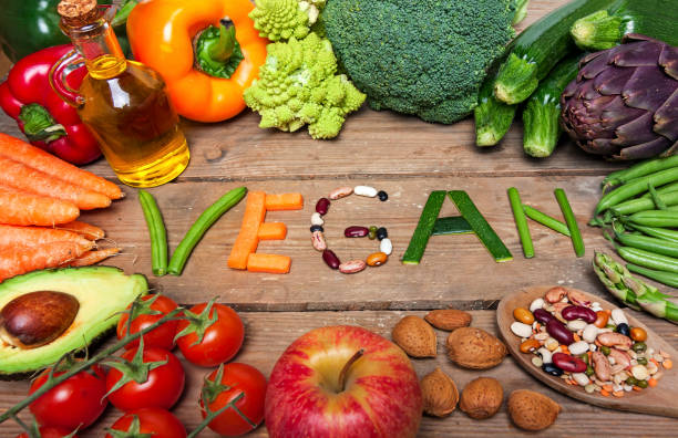 istock vegan word on wood background and vegetable 925028520