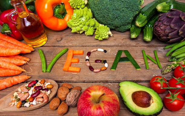 istock vegan word on wood background and vegetable 925028624