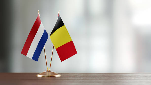 istock Dutch And Belgian Flag Pair On A Desk Over Defocused Background 925029846