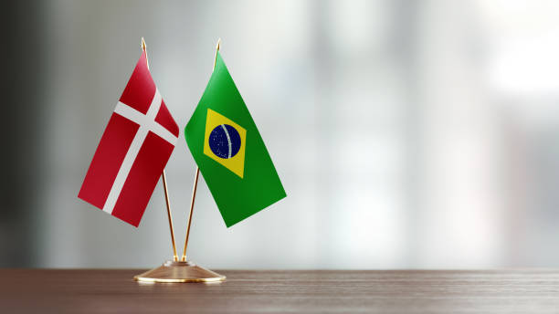 istock Danish And Brazilian Flag Pair On A Desk Over Defocused Background 925036526