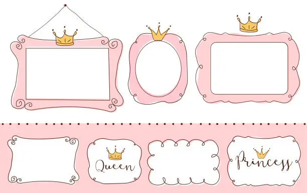 Vector illustration of Set of cute doodle mirrors. Princess vector element of design. Pink frames with crown, tiara.
