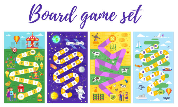 set of kids boardgame; Vector flat style set of kids colorful boardgame template; amusement park, space, farm and travel theme game. For print. Vertical composition. board game stock illustrations