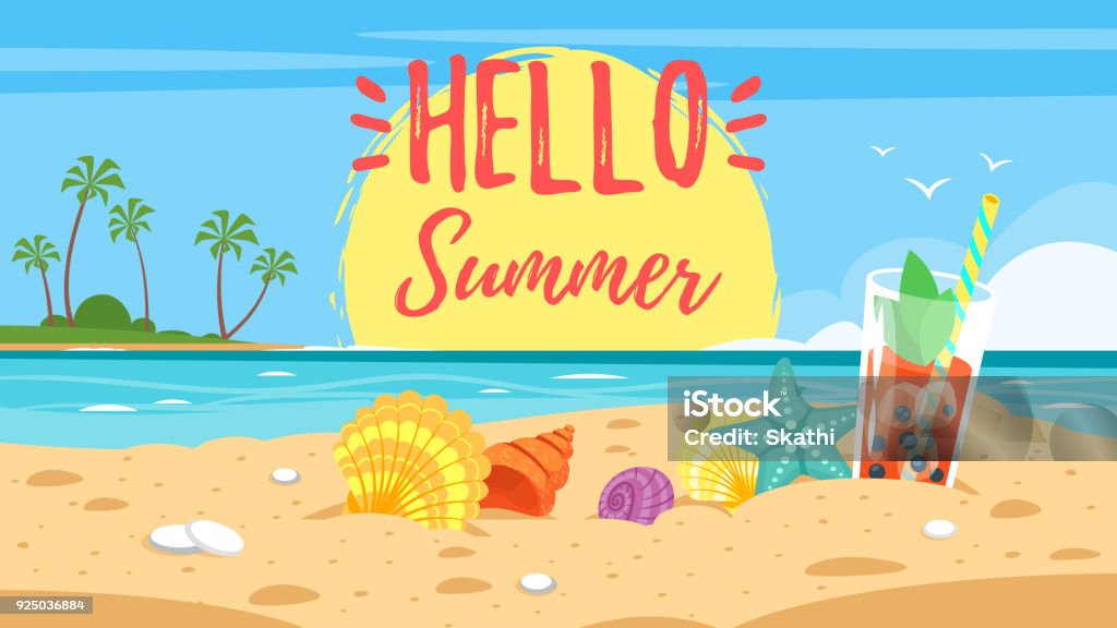 hello summer banner Vector cartoon style hello summer banner. Background of sea shore with colorful seashells and tropical cocktail. Good sunny day. Hello summer text. Beach stock vector