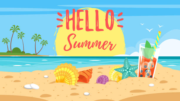 hello summer banner Vector cartoon style hello summer banner. Background of sea shore with colorful seashells and tropical cocktail. Good sunny day. Hello summer text. summer beach stock illustrations