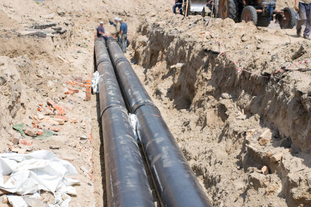 istock Laying of large-diameter metal pipes to replace the heating main 925039950