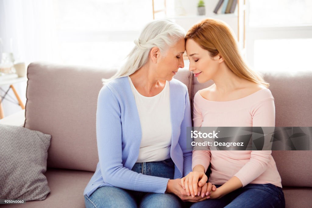 Warmth comfort maternity parenthood loveliness concept. Profile side half-turned photo of cute charming delicate close granny and granddaughter sitting together on divan touching foreheads Mother Stock Photo