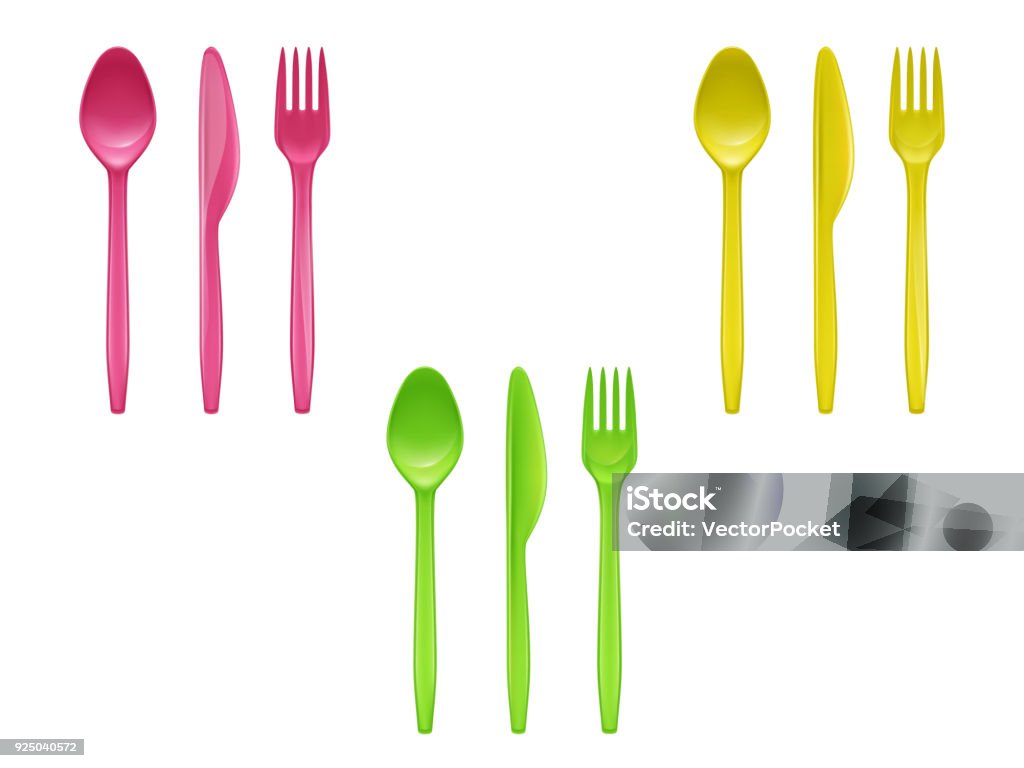 Vector set of colorful disposable tableware Vector 3d realistic set of disposable plastic tableware, knives, spoons, forks used for eating or serving food, isolated on background. Colorful cutlery for picnic, party, mockup of eco kitchenware Plastic stock vector