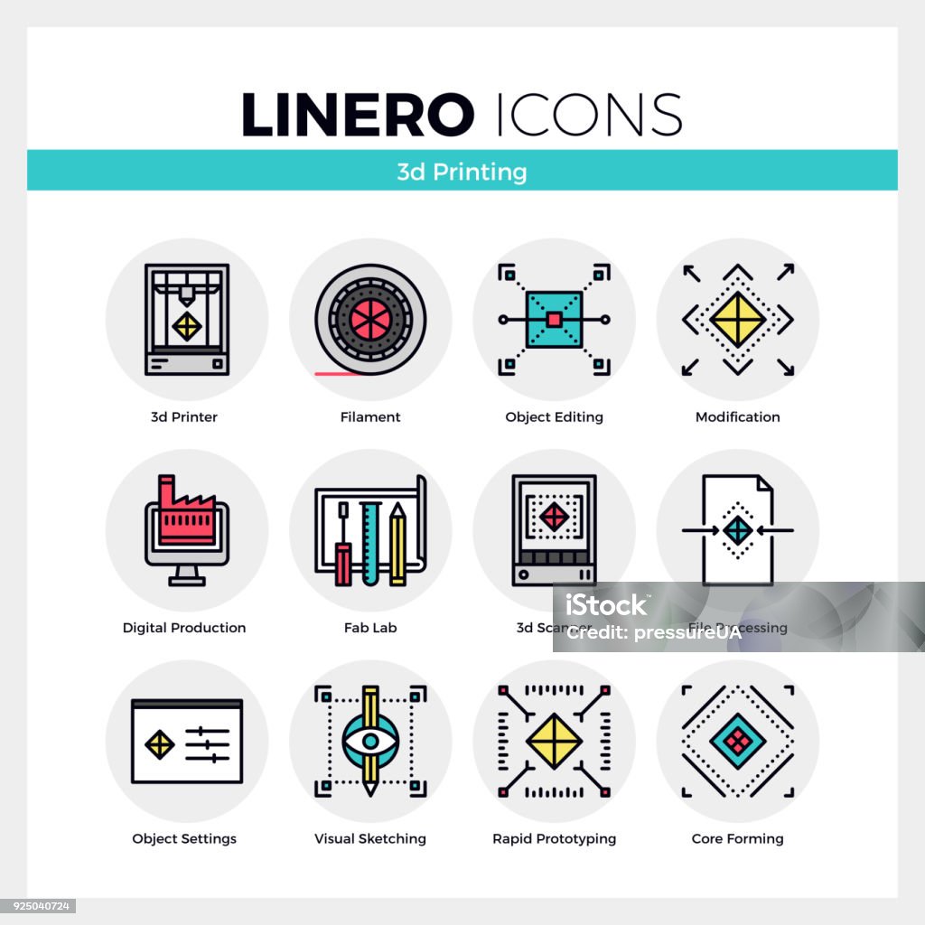 3D Printing Linero Icons Set Line icons set of 3D printing, volumetric modeling machine. Modern color flat design linear pictogram collection. Outline vector concept of mono stroke symbol pack. Premium quality web graphics material. Measuring stock vector