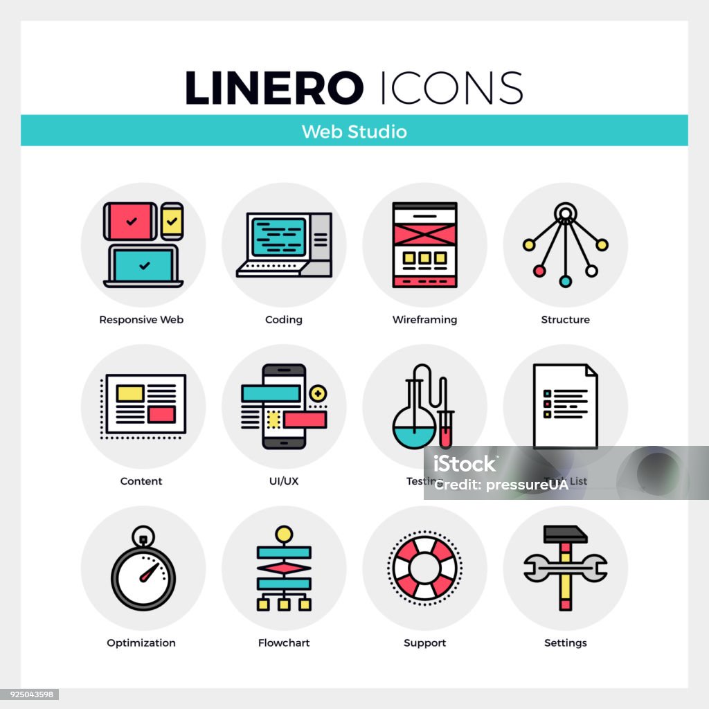 Web Studio Linero Icons Set Line icons set of web studio services for website coding. Modern color flat design linear pictogram collection. Outline vector concept of mono stroke symbol pack. Premium quality web graphics material. Icon Symbol stock vector