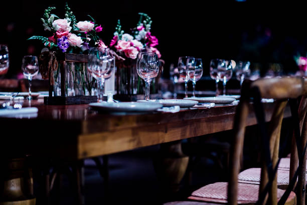 istock Luxury table settings for fine dining with and glassware, beautiful blurred  background. For events, weddings. 925051492