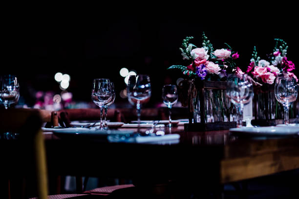 istock Luxury table settings for fine dining with and glassware, beautiful blurred  background. For events, weddings. 925051698
