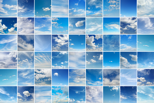 Large collage with clouds - cumulus, cirrus, rain, clear sky for project.