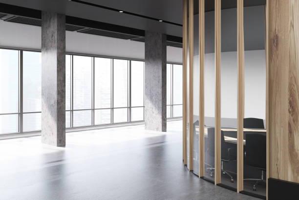 istock Round wooden meeting room, columns 925056860