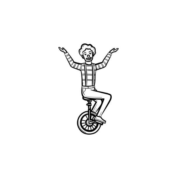 illustrazioni stock, clip art, cartoni animati e icone di tendenza di icona dello schizzo disegnato a mano da clown su una ruota - bicycle playing cards