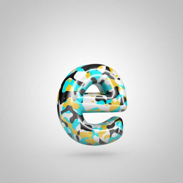istock Camouflage letter E lowercase with cyan, black and yellow camouflage pattern isolated on white background. 925061092