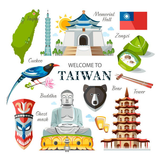 tajwan zestaw tradycyjnych obiektów tajwańskich architektury żywności symbole religii budynków - architecture asia blue buddha stock illustrations