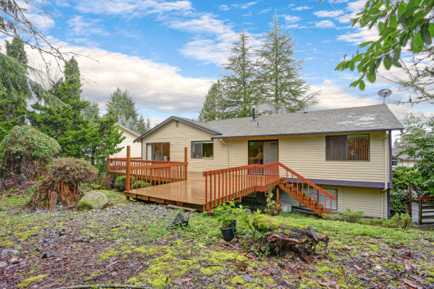 istock Backyard view of a spacious two story home with walk out deck 925066816