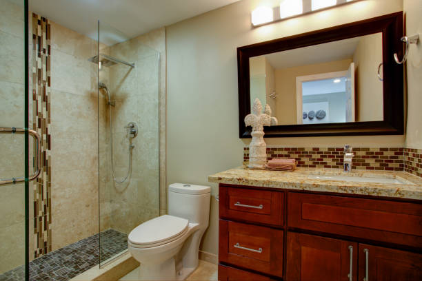 istock Elegant bathroom with a mahogany stained vanity 925075822