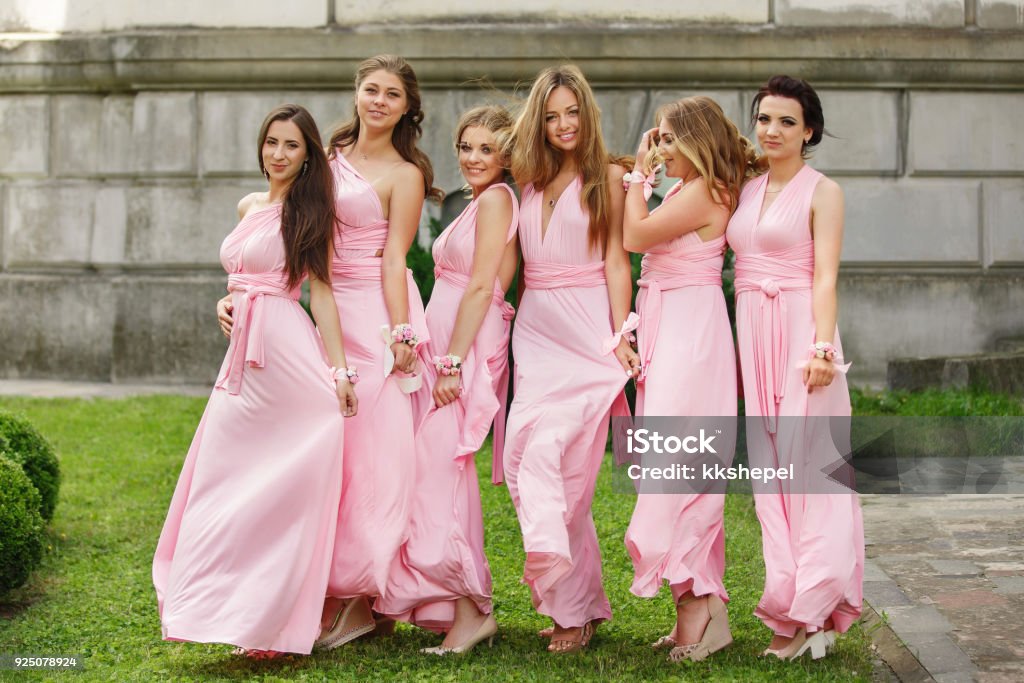 Beautiful bridesmaids in pink dresses posing and looking to camera at wedding day. Group wedding portrait of guests without bride and groom Bridesmaid Stock Photo