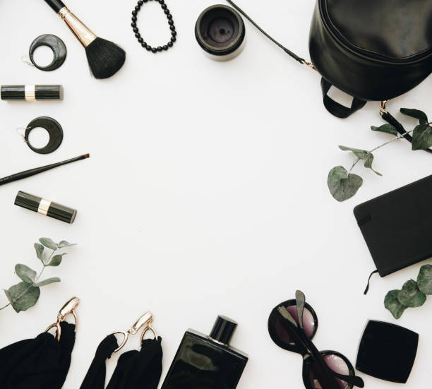 istock Woman black accessories grouped around empty space for text. Top view, Flat Lay 925079504