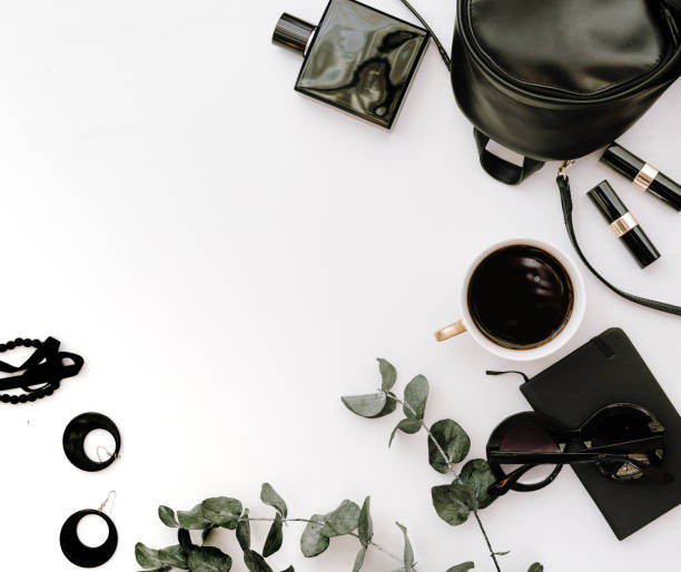 Fashionable female black accessories . Flat Lay, copy space