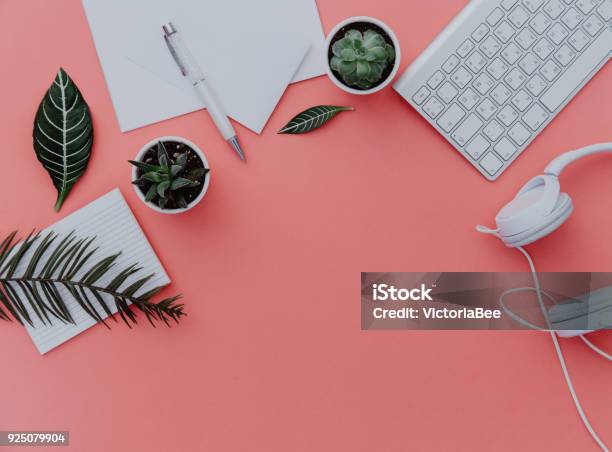Woman Home Office Desk Workspace With Laptop Headphones And Plants Over Pastel Flat Lay Top View Stylish Female Concept Stock Photo - Download Image Now