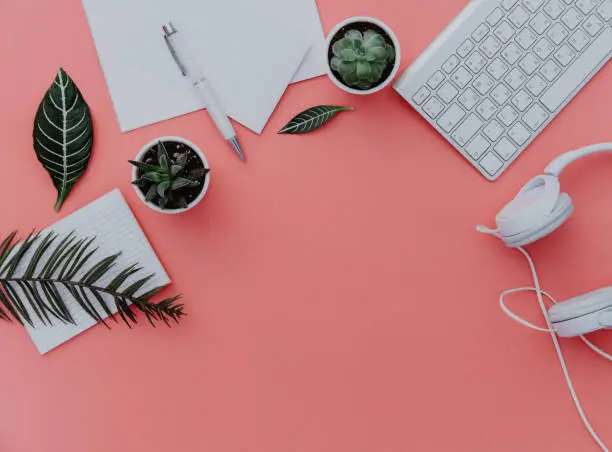 Photo of Woman home office desk workspace with laptop, headphones and plants over pastel. Flat lay, top view. stylish female concept.