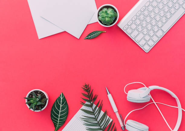 istock Pastel office desk table with a laptop and headphone. Top view with copy space. Flat Lay 925079908