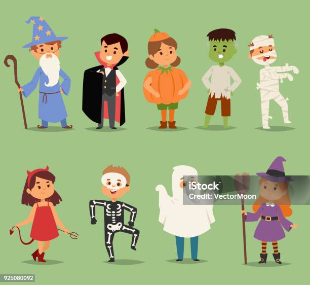 Ilustración de Niños Lindos De La Historieta Vestidos Con Trajes De Halloween Vector De Caracteres Niño Pequeño Gente Halloween Drácula Persona Fantasma Embroma El Traje Del Zombie Diversión Infantil Niños Y Niñas Traje De La Historieta y más Vectores Libres de Derechos de Halloween