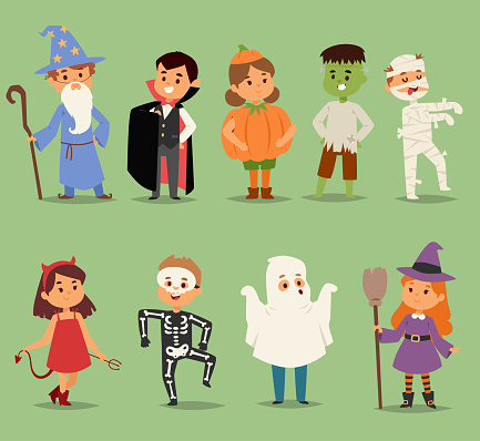 Cartoon cute kids wearing Halloween costumes vector characters. Little child people Halloween dracula, witch, ghost, zombie kids costume. Childhood fun cartoon boys and girls costume.