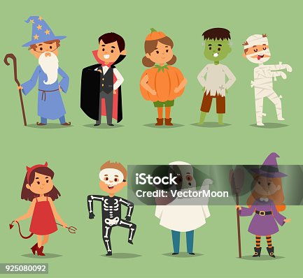istock Cartoon cute kids wearing Halloween costumes vector characters. Little child people Halloween dracula, witch, ghost, zombie kids costume. Childhood fun cartoon boys and girls costume 925080092