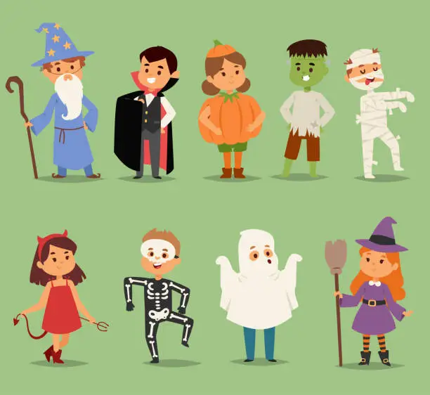 Vector illustration of Cartoon cute kids wearing Halloween costumes vector characters. Little child people Halloween dracula, witch, ghost, zombie kids costume. Childhood fun cartoon boys and girls costume