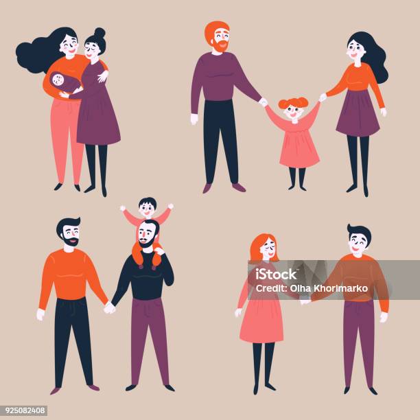 Set Of Gay Lgbt And Traditional Couples Stock Illustration - Download Image Now - Family, LGBTQIA Rights, Gay Person