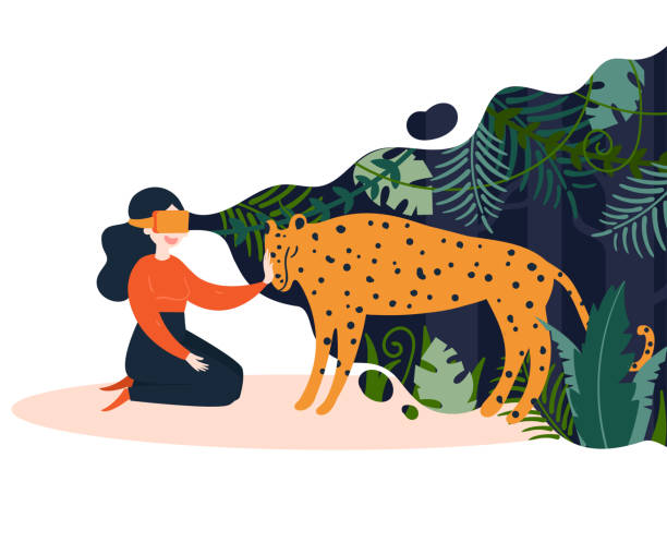 девушка в vr виртуальной реальности очки и джунгли - undomesticated cat pets animal watching stock illustrations