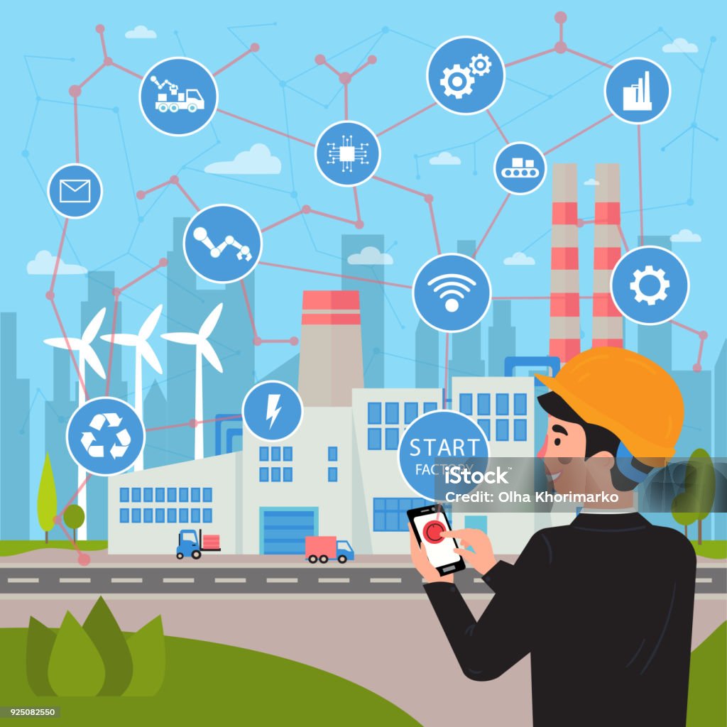 Smart factory concept. Businessman manages plant Smart factory. Internet of things and big data concept. Businessman with phone in his hands starts and manage huge plant with application. Neural network of all connections and logistic. Vector flat Factory stock vector