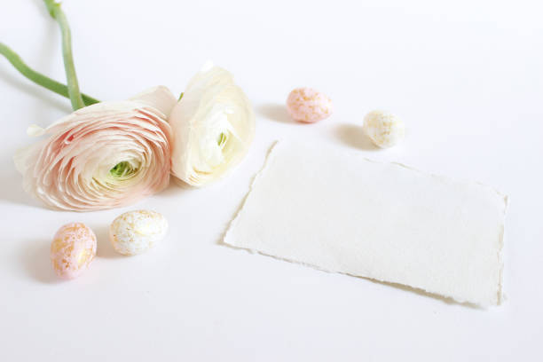 istock Spring greeting card, invitation with pink and white golden spotted Easter eggs, Persian buttercups, Ranunculus flowers and empty craft paper lying on white table. Feminine styled stock photo 925082576