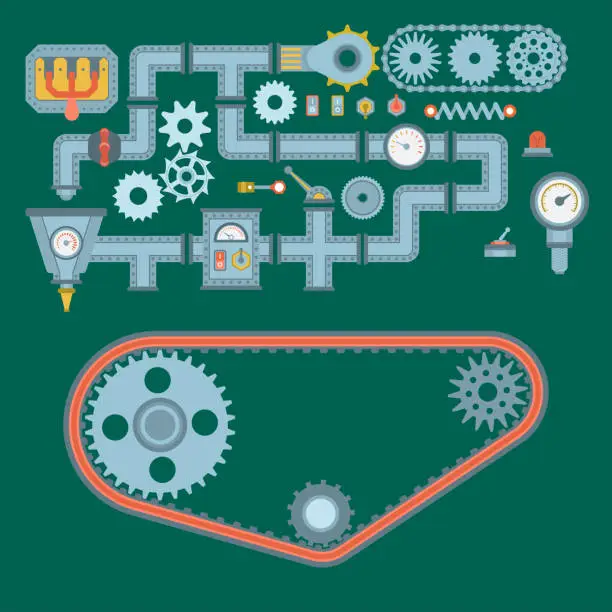 Vector illustration of Machine parts different mechanism vector mechanical manufacturing work detail design gear equipment industry technical machining engine illustration