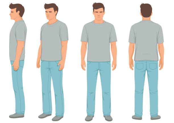 패션 남자 절연, 앞, 뒤 및 측면 보기 - t shirt men template clothing stock illustrations