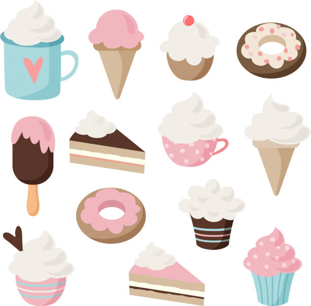 illustrazioni stock, clip art, cartoni animati e icone di tendenza di set di diverse icone di cibi e bevande. illustrazioni retrò isolate di torte, ciambelle, gelati, sundae, caffè, cupcake e muffin - dessert