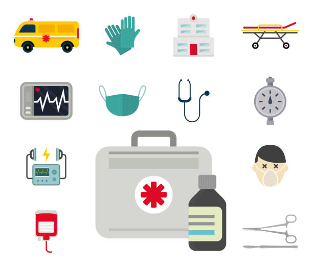 krankenwagen symbole vektor medizin gesundheit notfall dringend apotheke pille unterstützung sanitäter krankenhausbehandlung - chemical set car men stock-grafiken, -clipart, -cartoons und -symbole