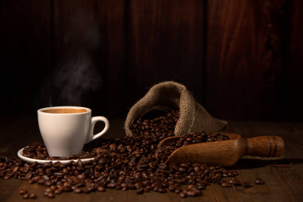 istock Espresso Coffee Cup  with smoke Beans Jute Bags Scoop 925084766