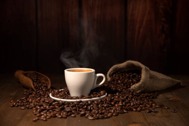istock Espresso Coffee Cup  with smoke Beans Jute Bags Scoop 925087498