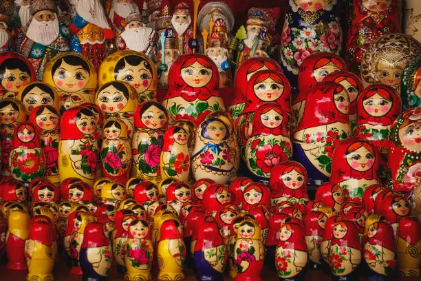 Photo of Group of colorful Russian dolls in several sizes.