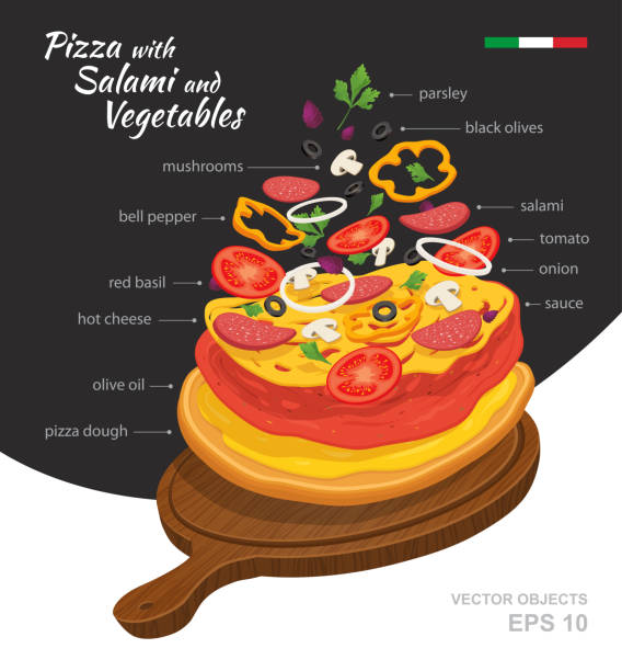 Vector  illustration of hot Salami Pizza with Vegetables on wooden board. Falling ingredients. Traditional Italian recipe. Infographic creative design. Vector  illustration of hot Salami Pizza with Vegetables on wooden board. Falling ingredients. Traditional Italian recipe. Infographic creative design. Fastfood isolated on black and white background engraving food onion engraved image stock illustrations