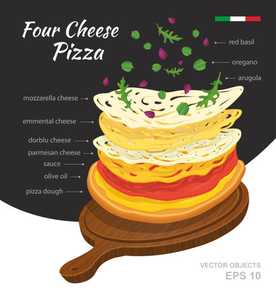 Vector  illustration of tasty hot Pizza with Four Cheeses on wooden board. Falling ingredients. Traditional Italian recipe. Infographic creative design. Fastfood Vector  illustration of tasty hot Pizza with Four Cheeses on wooden board. Falling ingredients. Traditional Italian recipe. Infographic creative design. Fastfood isolated on black and white background arugula falling stock illustrations